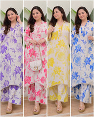 Beautiful Yellow Floral Printed Aline Cotton Co-ords