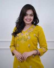 mustard yellow kurta set , long kurta set, suitkari