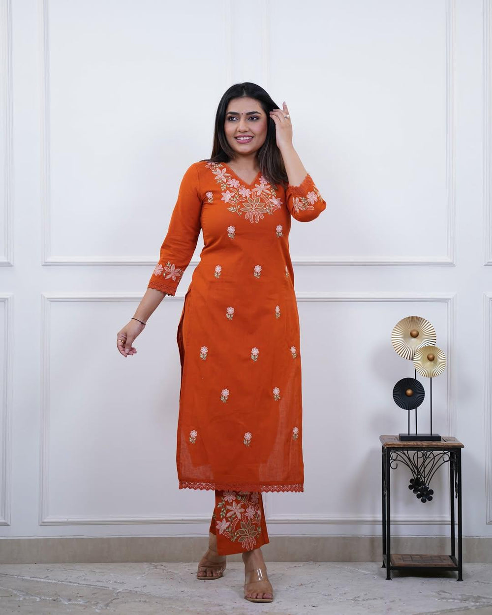 Rust Orange Kurta set, Long kurta set, suitkari