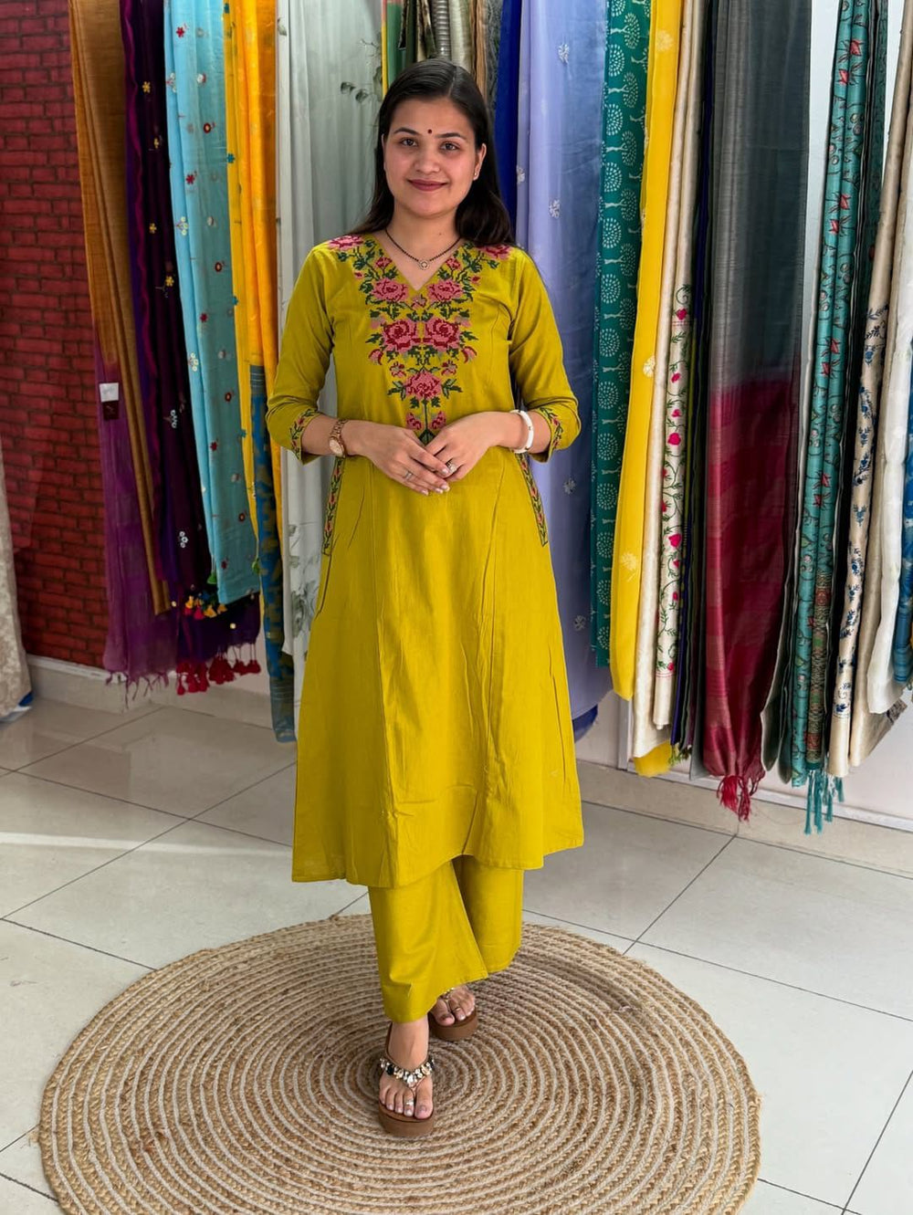 Yellow kurta set, Long Kurta set, suitkari
