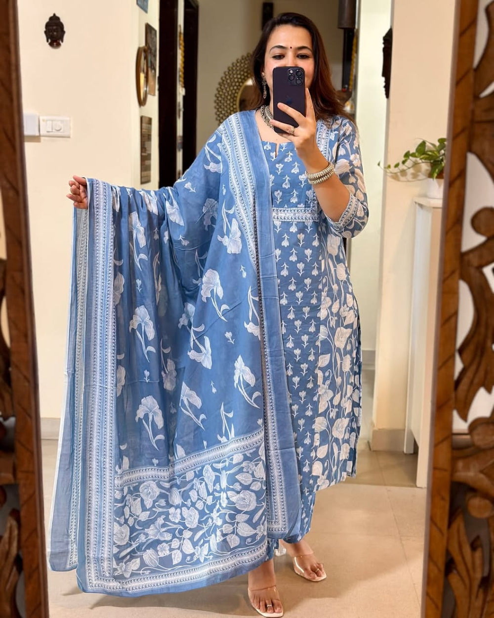 blue dupatta set, cotton dupatta set, suitkari