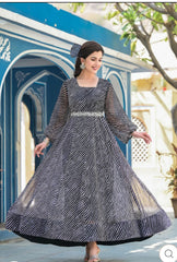 Perfect Black & White Organza Long Ankakali Gown