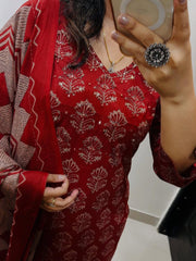 red dupatta set, cotton dupatta set, suitkari