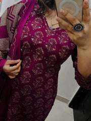 Beautiful Printed Wine Cotton Suit Set