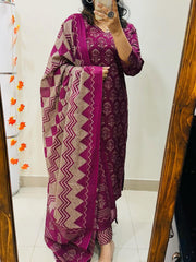 Beautiful Printed Wine Cotton Suit Set