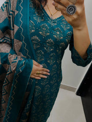 Beautiful Printed Teal Green Cotton Suit Set