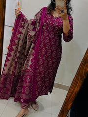 Beautiful Printed Wine Cotton Suit Set