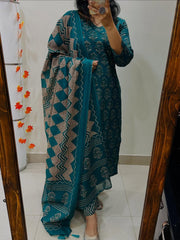 Beautiful Printed Teal Green Cotton Suit Set