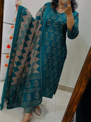 Beautiful Printed Teal Green Cotton Suit Set