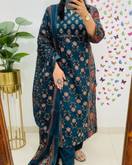 Pure fine Cotton Teal Blue Suit Set