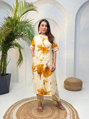 Cream & Mustard Floral Printed Co-Ord Set