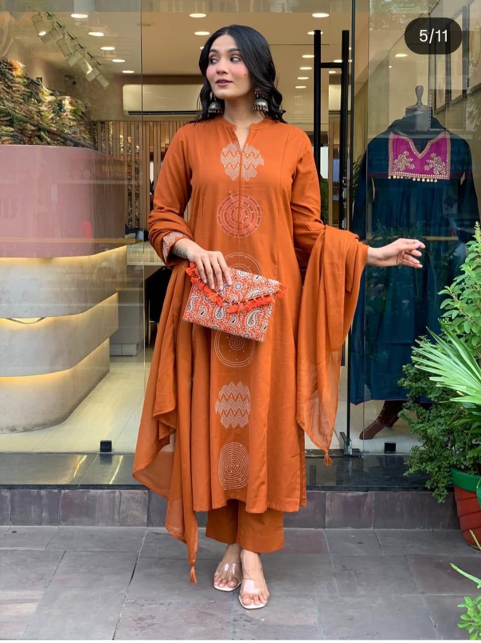 Rust Orange Dupatta Set, Cotton Dupatta set, Suitkari