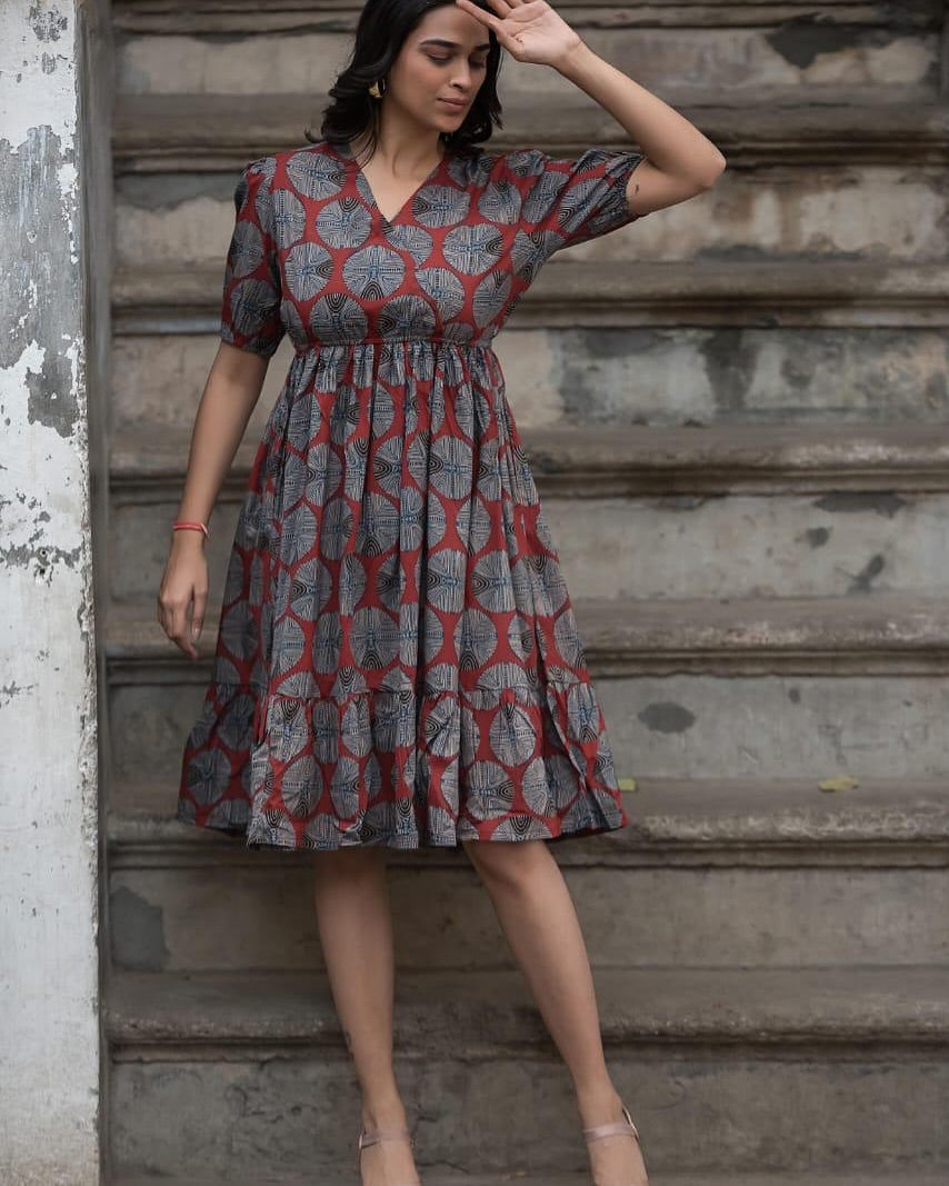 Maroon Printed Midi Dress, Cotton Midi Dress, Suitkari