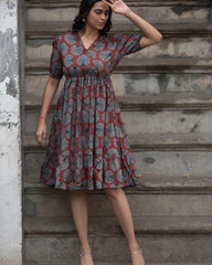 Maroon Printed Midi Dress, Cotton Midi Dress, Suitkari
