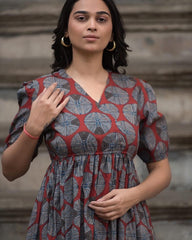 Maroon Printed Midi Dress, Cotton Midi Dress, Suitkari