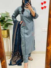 Elegant Slate Grey Cotton Suit Set
