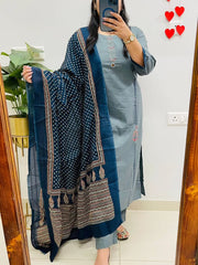 Elegant Slate Grey Cotton Suit Set