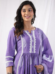 Women Purple cotton kurta Pant with Dupatta set