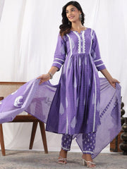 Women Purple cotton kurta Pant with Dupatta set