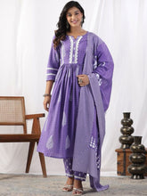 Women Purple cotton kurta Pant with Dupatta set