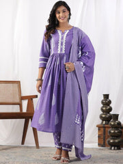 Women Purple cotton kurta Pant with Dupatta set