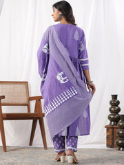 Women Purple cotton kurta Pant with Dupatta set