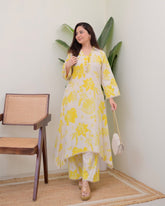 Beautiful Yellow Floral Printed Aline Cotton Co-ords
