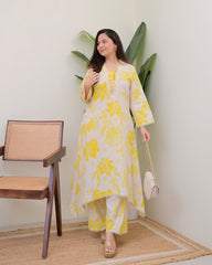 Beautiful Yellow Floral Printed Aline Cotton Co-ords