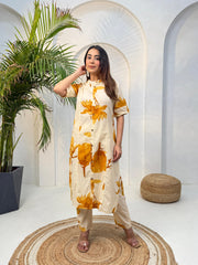 Cream & Mustard Floral Printed Co-Ord Set