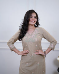 Beautiful Beige Pure Cotton Slub Kurta Set