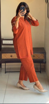 Rust Embroidered Cotton Co-Ord Set
