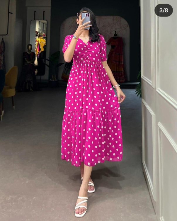 PINK AND YELLOW POLKA DOT LONG DRESS