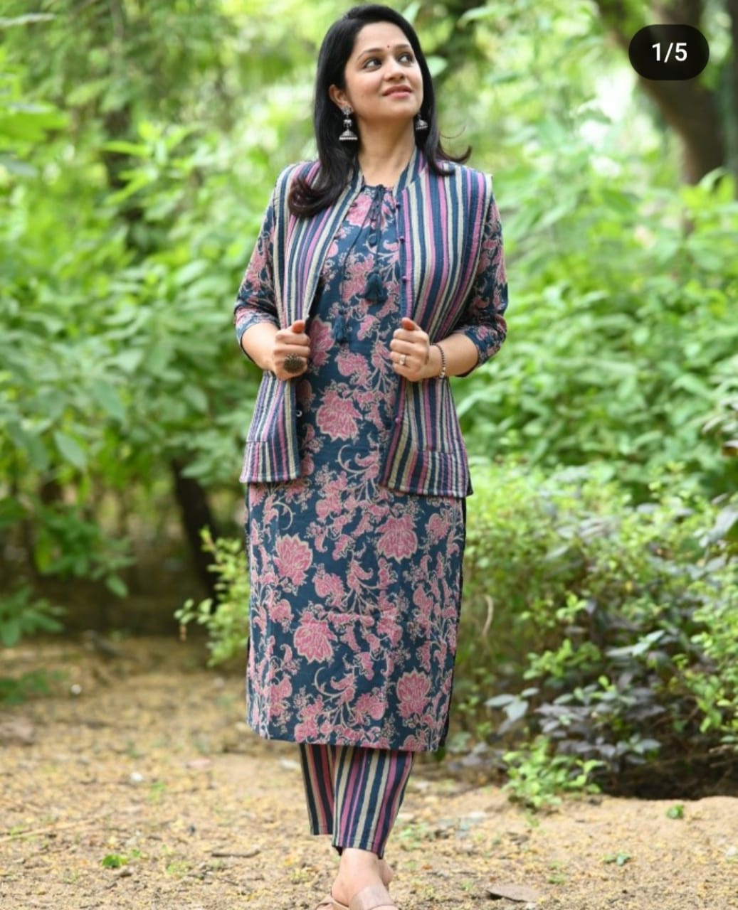 Cotton Procin Print Kurti Pant Set With Quilted Cotton Jacket