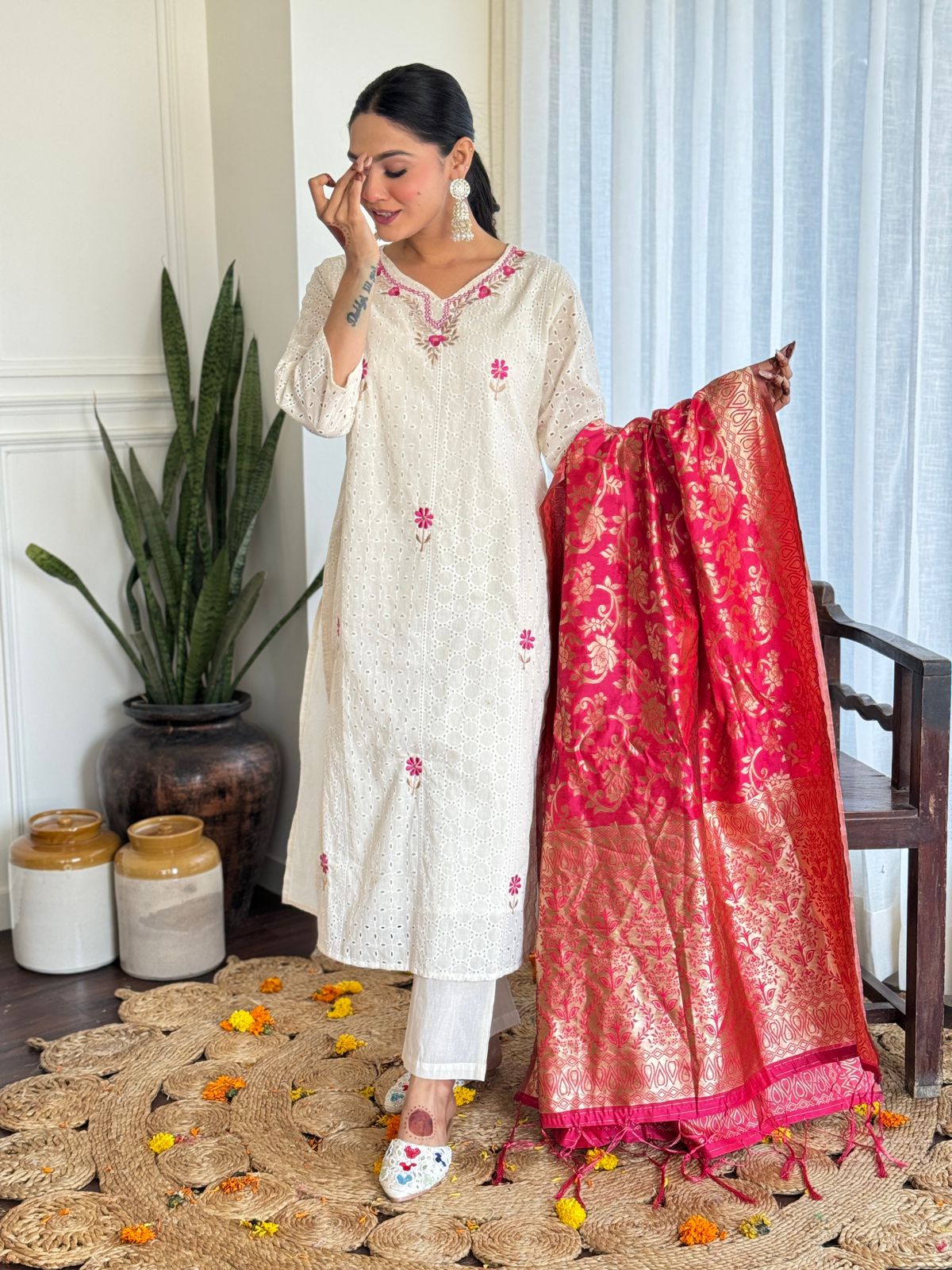 Pure Chikankari Embroidery With Banarasi Dupatta Pent Set