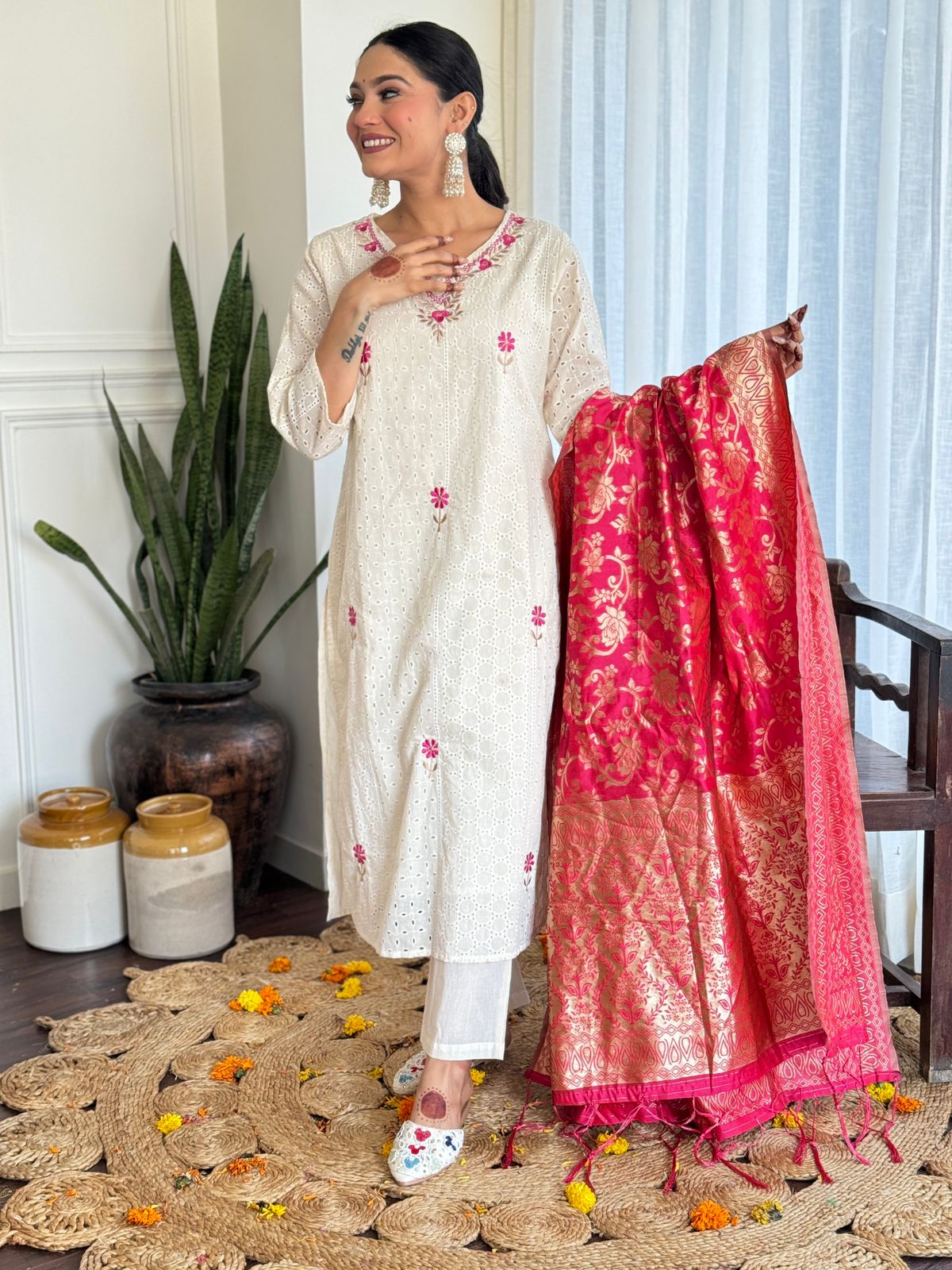 Pure Chikankari Embroidery With Banarasi Dupatta Pent Set