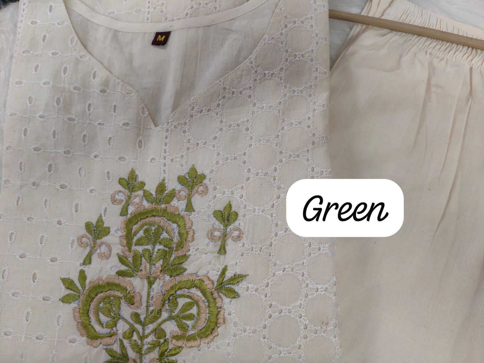 Green Pure Chicken Cotton Kurta With Embroidery Dupatta Pent Set