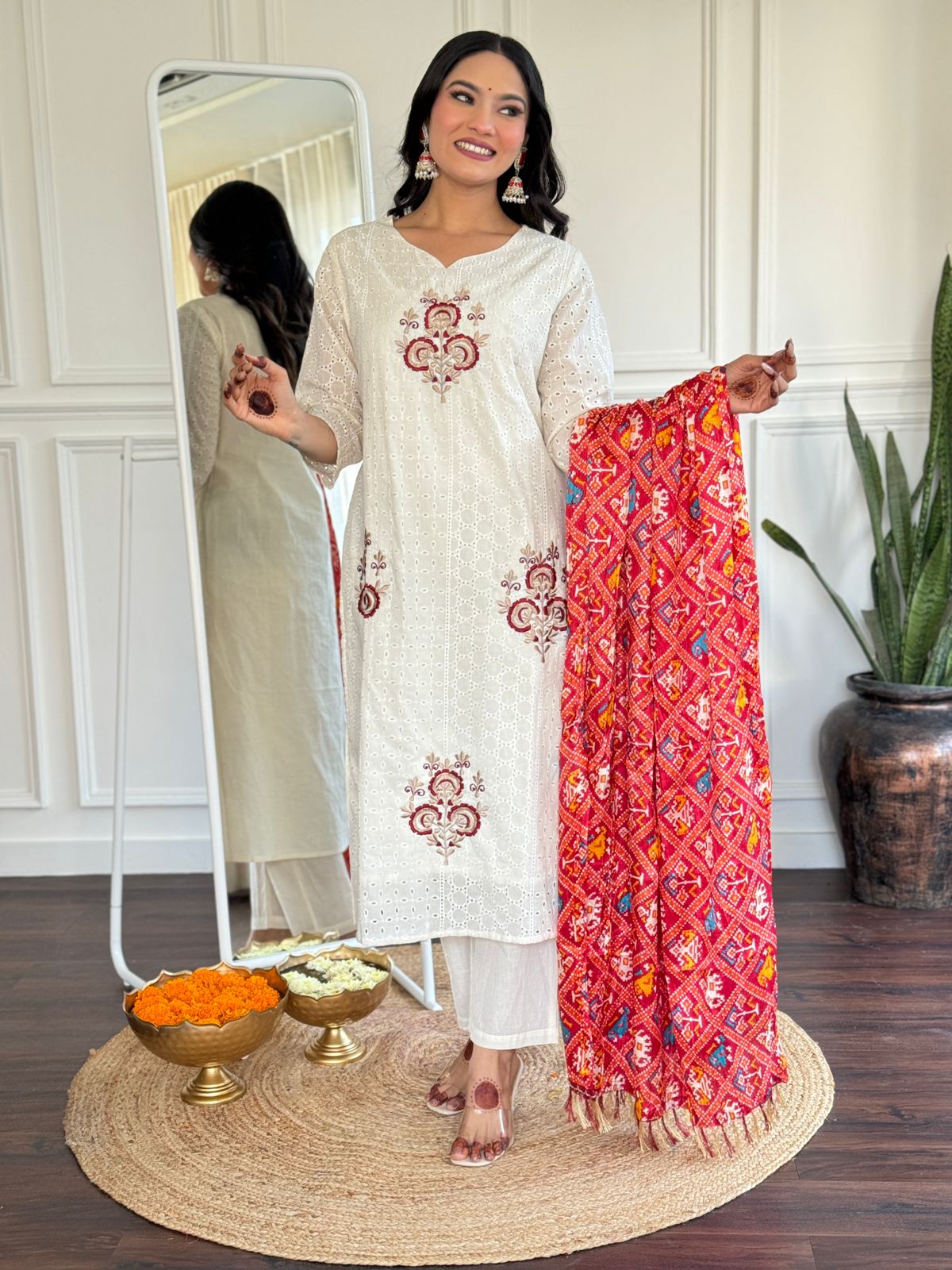 Rani Pure Chicken Cotton Kurta With Embroidery Dupatta Pent Set