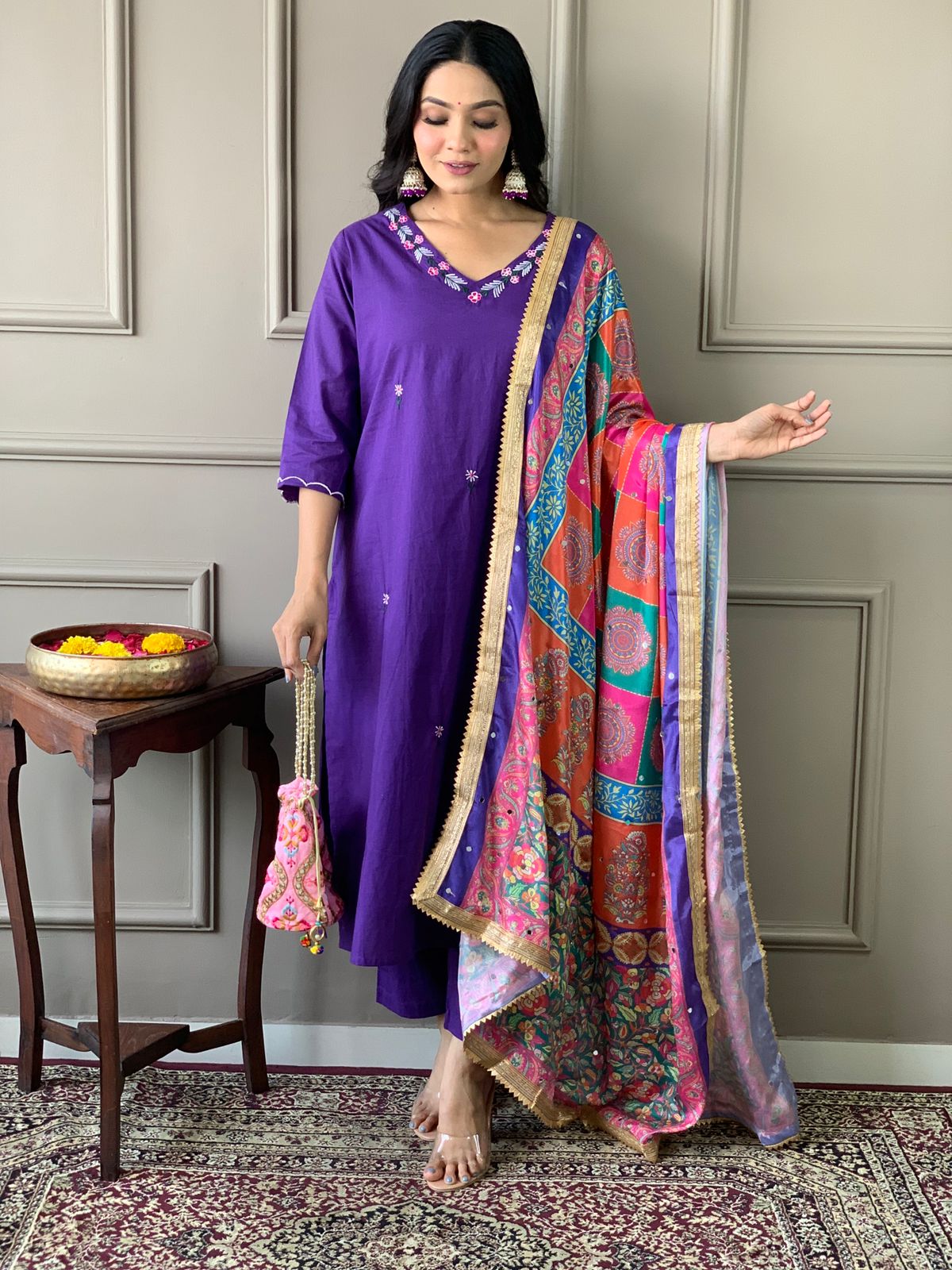 Cotton Kurta with Bottom & Mirror Silk Dupatta