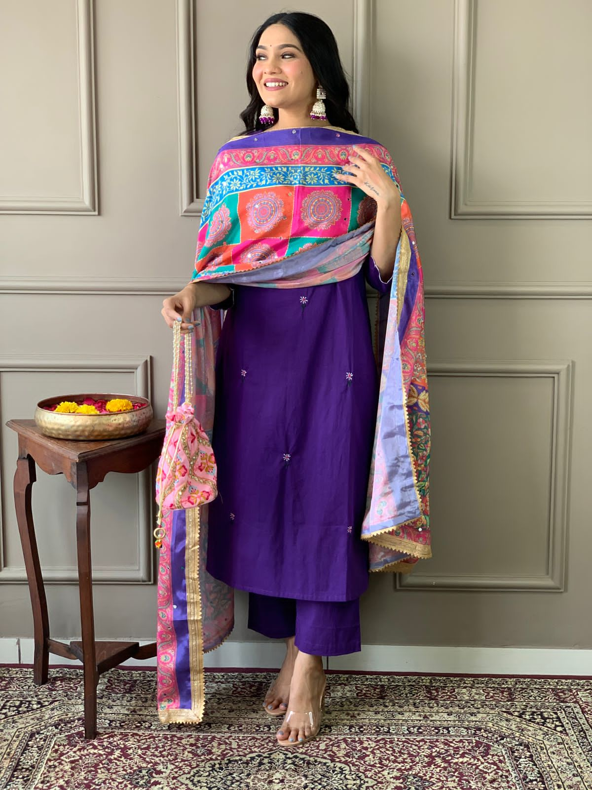 Cotton Kurta with Bottom & Mirror Silk Dupatta