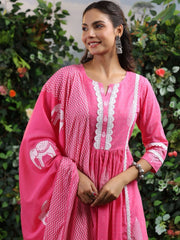 Women Pink cotton kurta Pant with Dupatta set