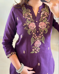 Women Purple Embroidered Kurta Pant With Dupatta Set