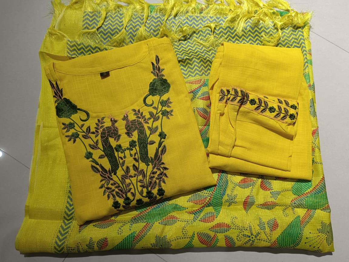 Embroidered Kurta Pant With Madhubani Dupatta Set