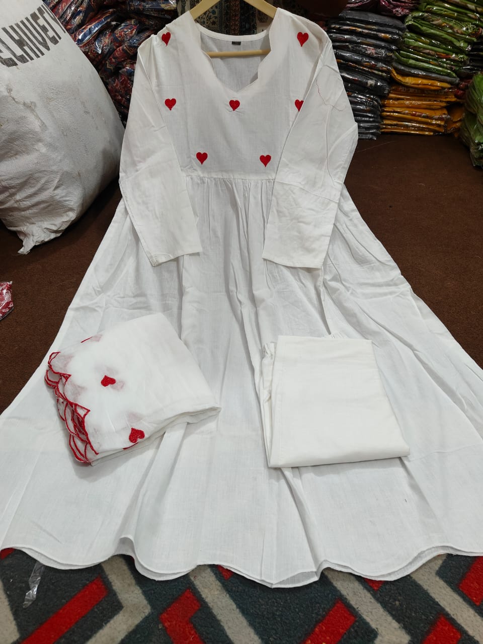 Red Hearts White Kurta Pant with Malmal dupatta Set