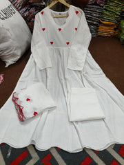 Red Hearts White Kurta Pant with Malmal dupatta Set