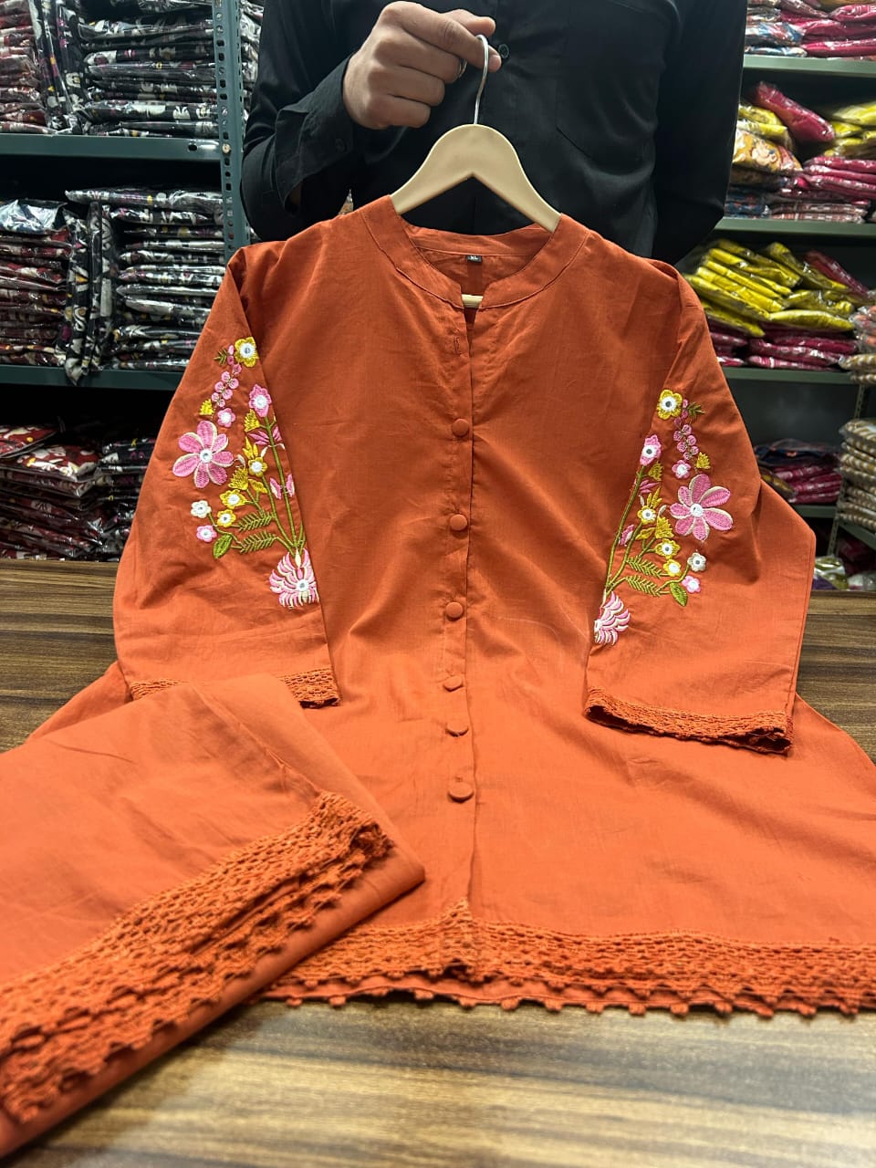 Rust Embroidered Cotton Co-Ord Set