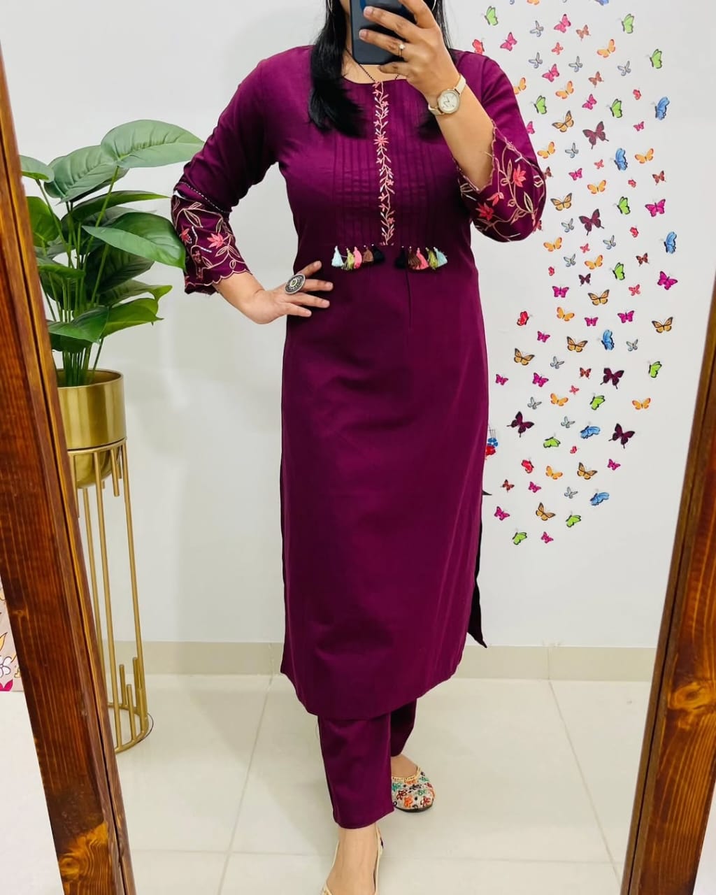 Wine Embroidered Cotton Kurta Set