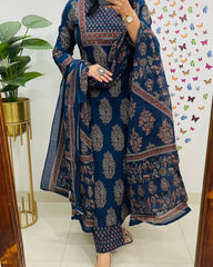 Cotton Dupatta set, Blue kurta pant with dupatta , suitkari