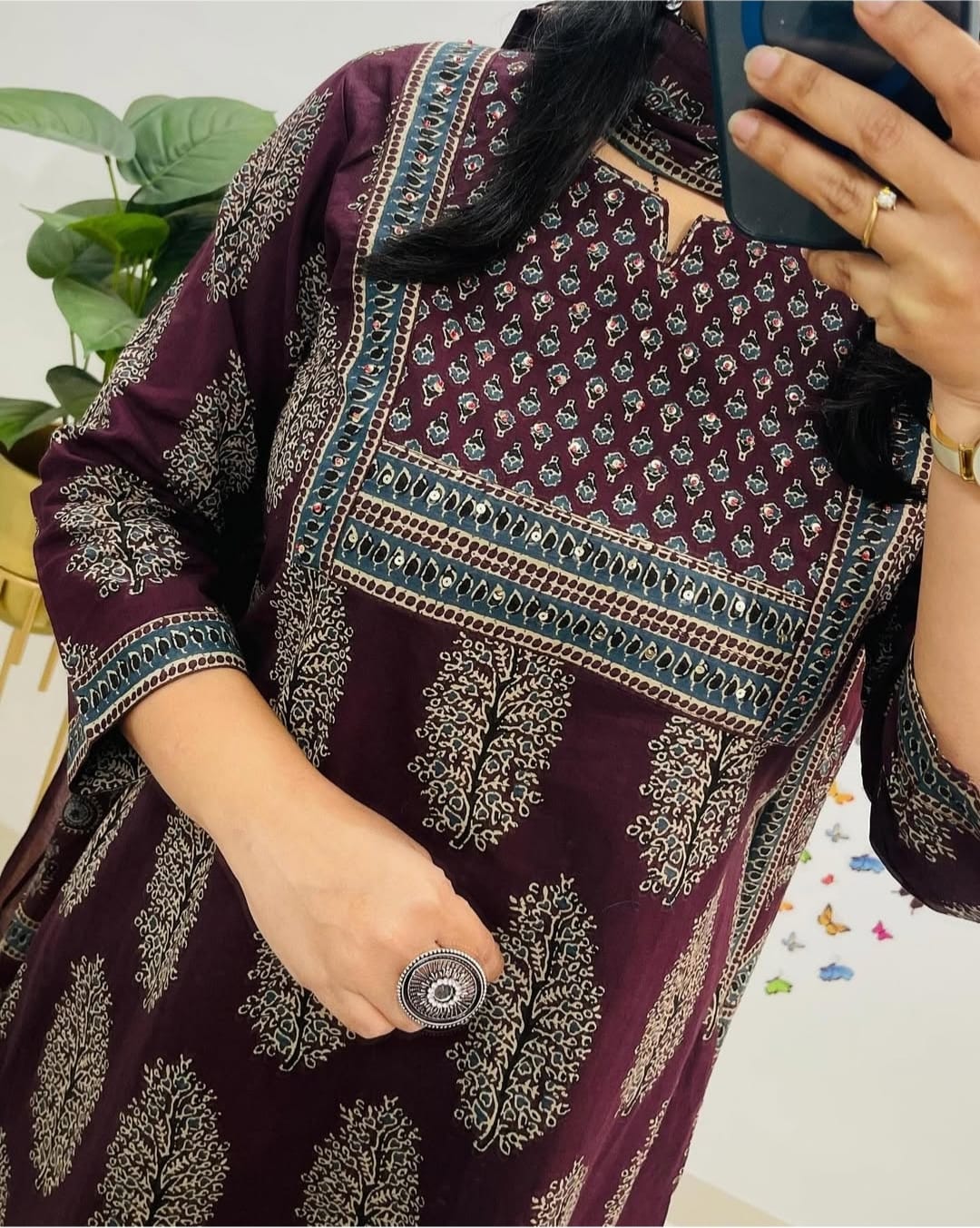 Traditional Cotton Embroidered Wine Kurta Pant Set with Dupatta