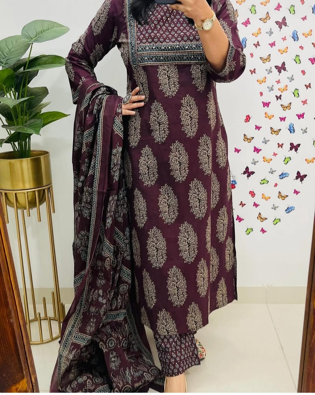 Traditional Cotton Embroidered Wine Kurta Pant Set with Dupatta