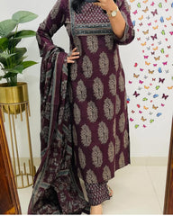 Traditional Cotton Embroidered Wine Kurta Pant Set with Dupatta